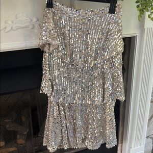 Goodnight Macaroon Beige and silver tiered Sequin skirt size L